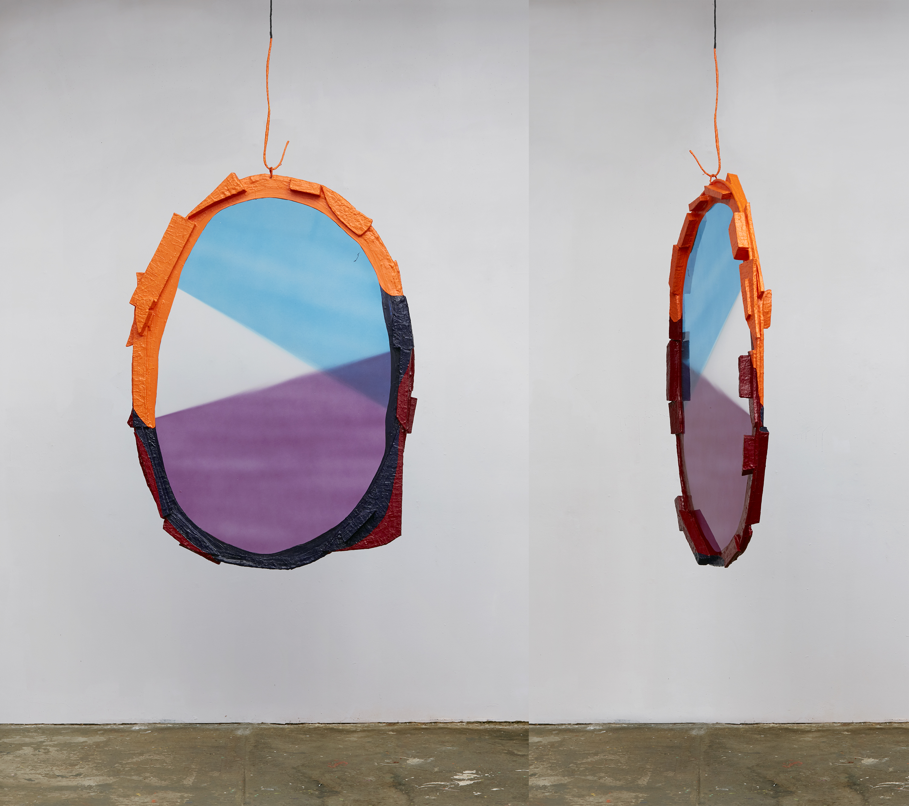 Fabienne Lasserre, Oh.Ah., 2021. Linen, steel, transparent vinyl, corrugated plastic, extruded polystyrene foam, acrylic polymer, acrylic and enamel paint. 61 x 45 x 4.5 in. Photo courtesy of Alan Wiener, Polite Photographic Services.