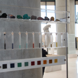 Materials dand ground pigments on display in the Akropolis Museum, Athens. Photo by Jennifer Stager