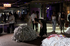 Soude Dadras, Material Intelligence, June 2023, Underground Atlanta, shredded documents and tule fabric, site-specific installation