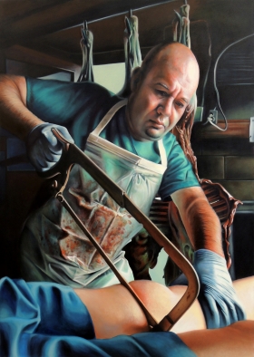 Jennifer Niswonger-Morris, The Surgeon (BIID), 2015, oil and acrylic on canvas, 66" x 47"