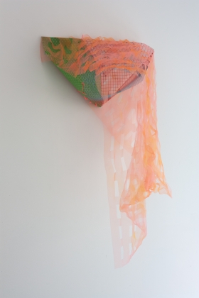 Cavity, 2021; Hardware mesh, wire, spray paint, plastic lanyard, placemat, fabric, thread, ambient air; 20” x 48” x 18”