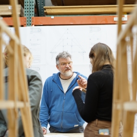 Associate Professor of Sculpture Martijn van Wagtendonk instructs students participating in the Handshouse: Notre Dame Project workshop, February 2024. Photo courtesy of Sidney Chansamone.