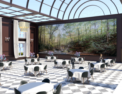 Rendering of hotel ballroom by student in the exhibition Reimagined: Creating Community
