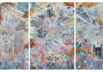 Stephanie Koply, TORRENT. 7 ft x 3.5 ft-triptych. drypoint, monoprint, watercolor.