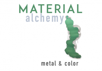 Green and gray text on white background with abstract shape. "Material alchemy: metal & color"