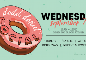 Dodd Donut Social Flyer. Pink donut graphic on sea foam green backdrop.