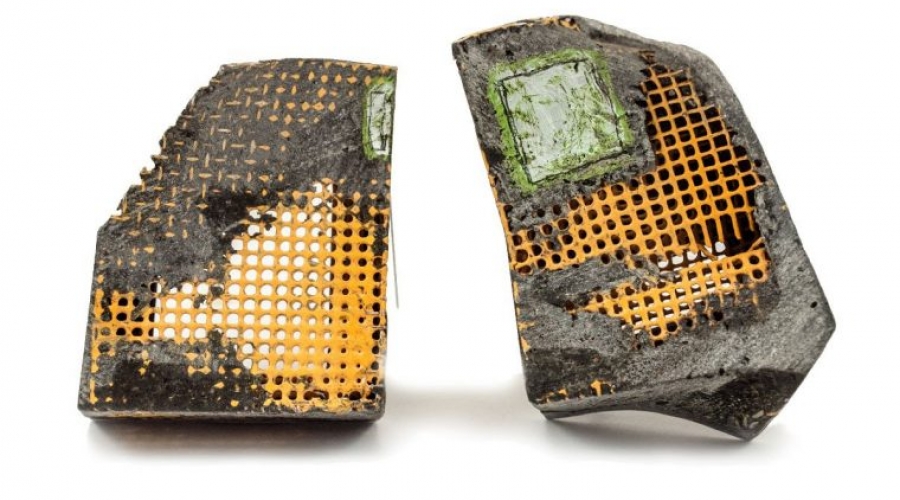 Jewelry by Demitra Thomloudis, Viento Block I & II Brooches, steel, powder coat, paint, cement, resin, nickel silver, 2014. Photo: Courtesy of the Ilias Lalaounis Jewelry Museum