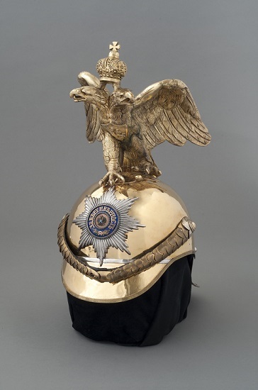 Helmet (full dress) of Her Majesty’s Horse Guards, late 19th century, Brass, silver, silver gilt, gilt white metal, enamel en plein, enamel over guilloché, silk, leather, cotton fabric on the chinstrap