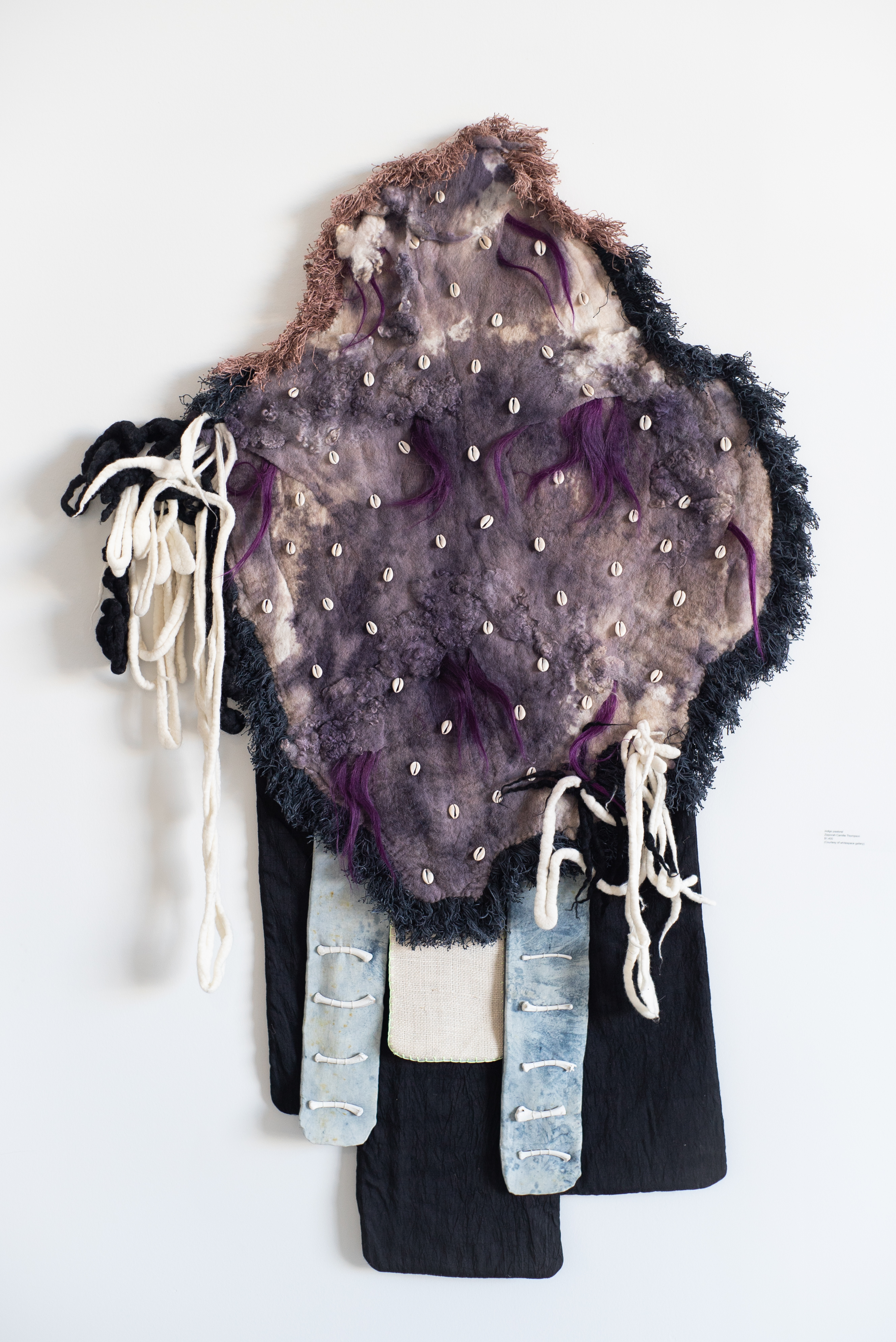 Zipporah Camille Thompson, "Indigo Pastoral," 2018, mixed wools, cowrie shells, indigo, ecodyed rayon, chicken bones, paint, linen