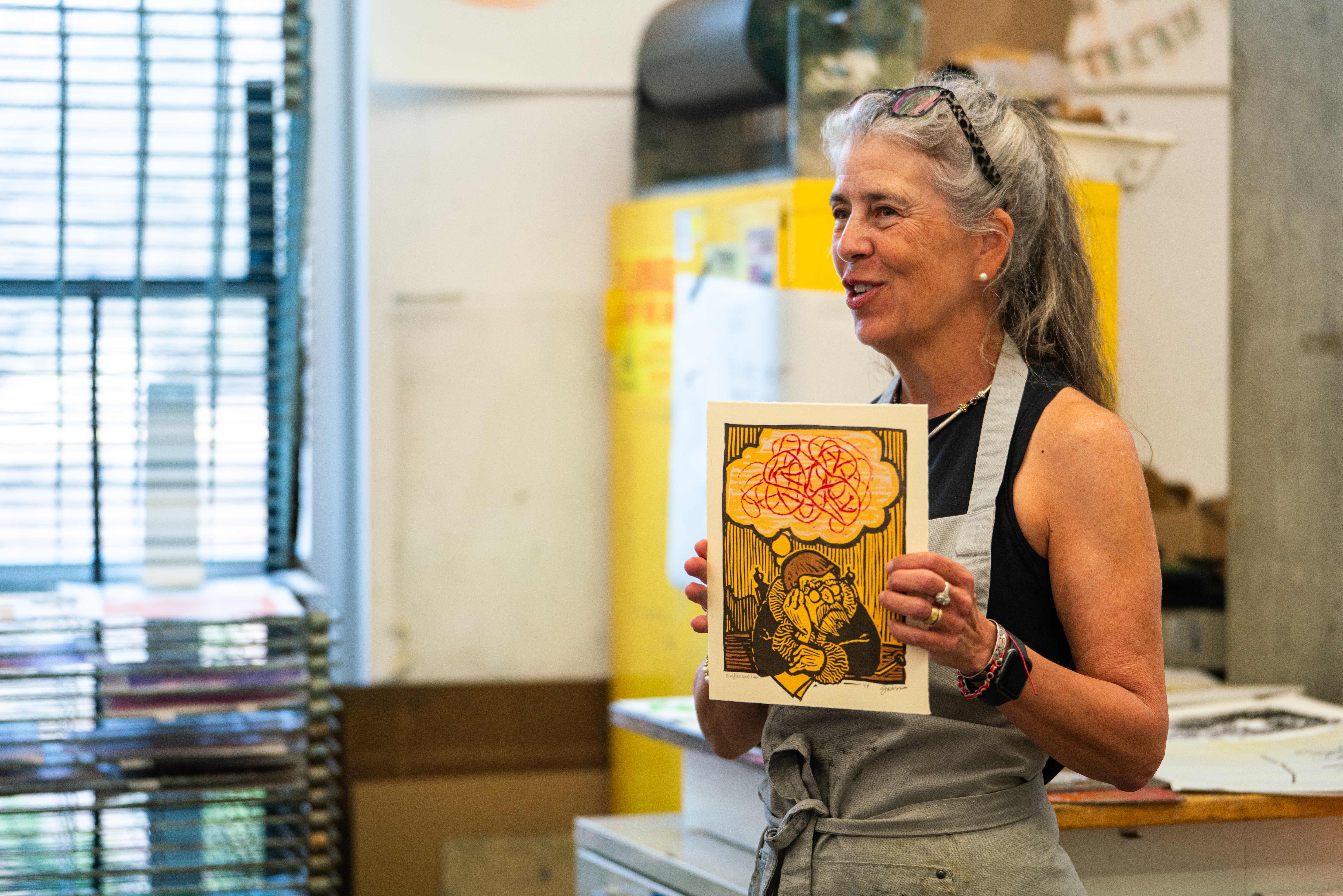 Melissa Harshman teaching relief printing, Spring 2024. Photograph Courtesy of Sidney Chansamone.
