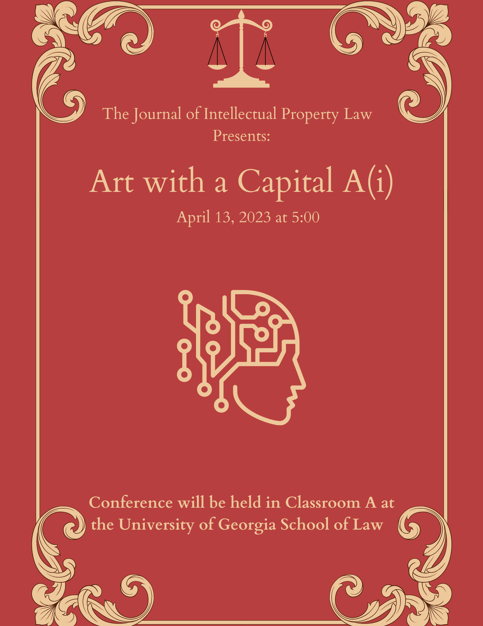 Red and gold flyer on event titled art with a capital a(i)