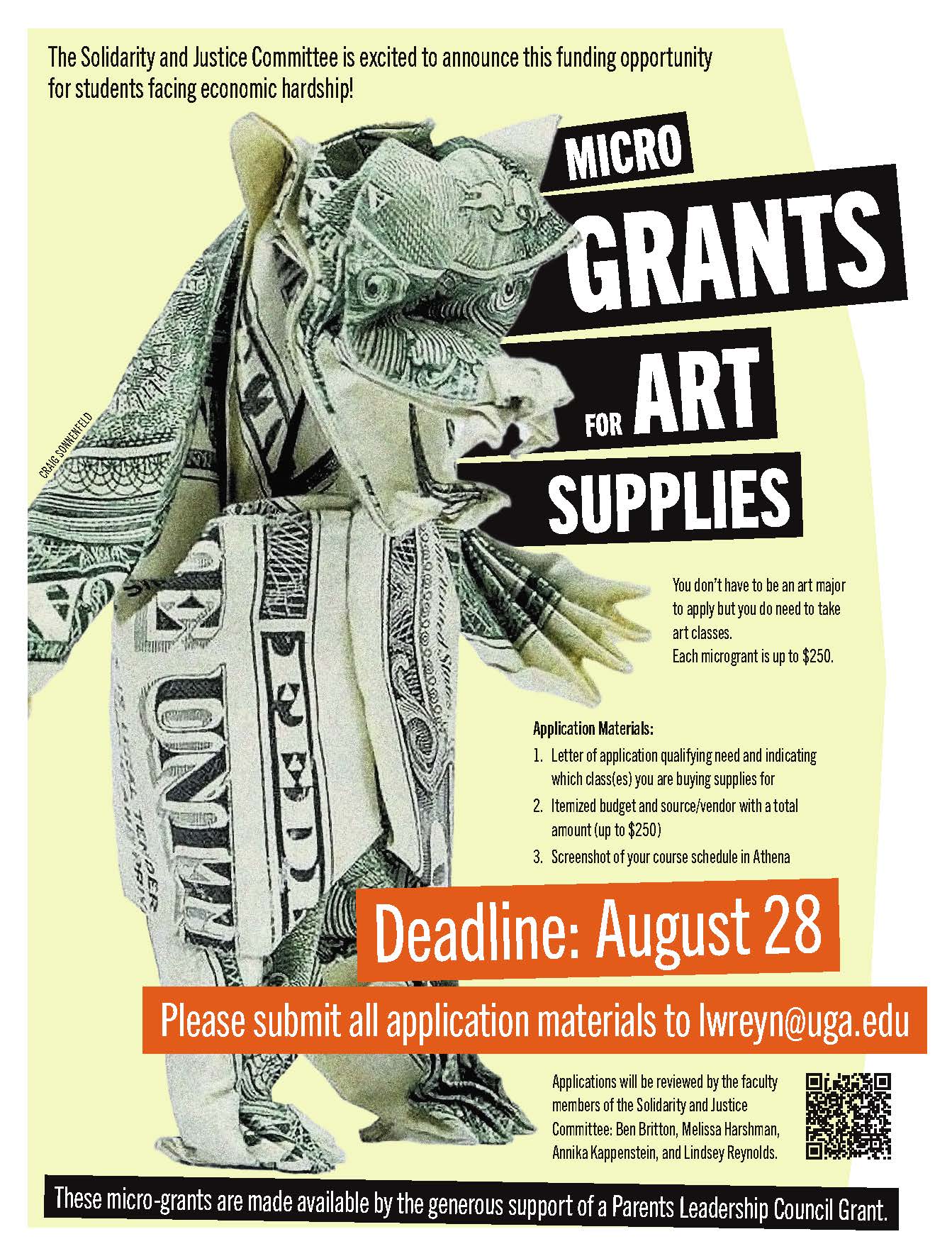 Flyer on yellow background for Micro Grants for Art Supplies