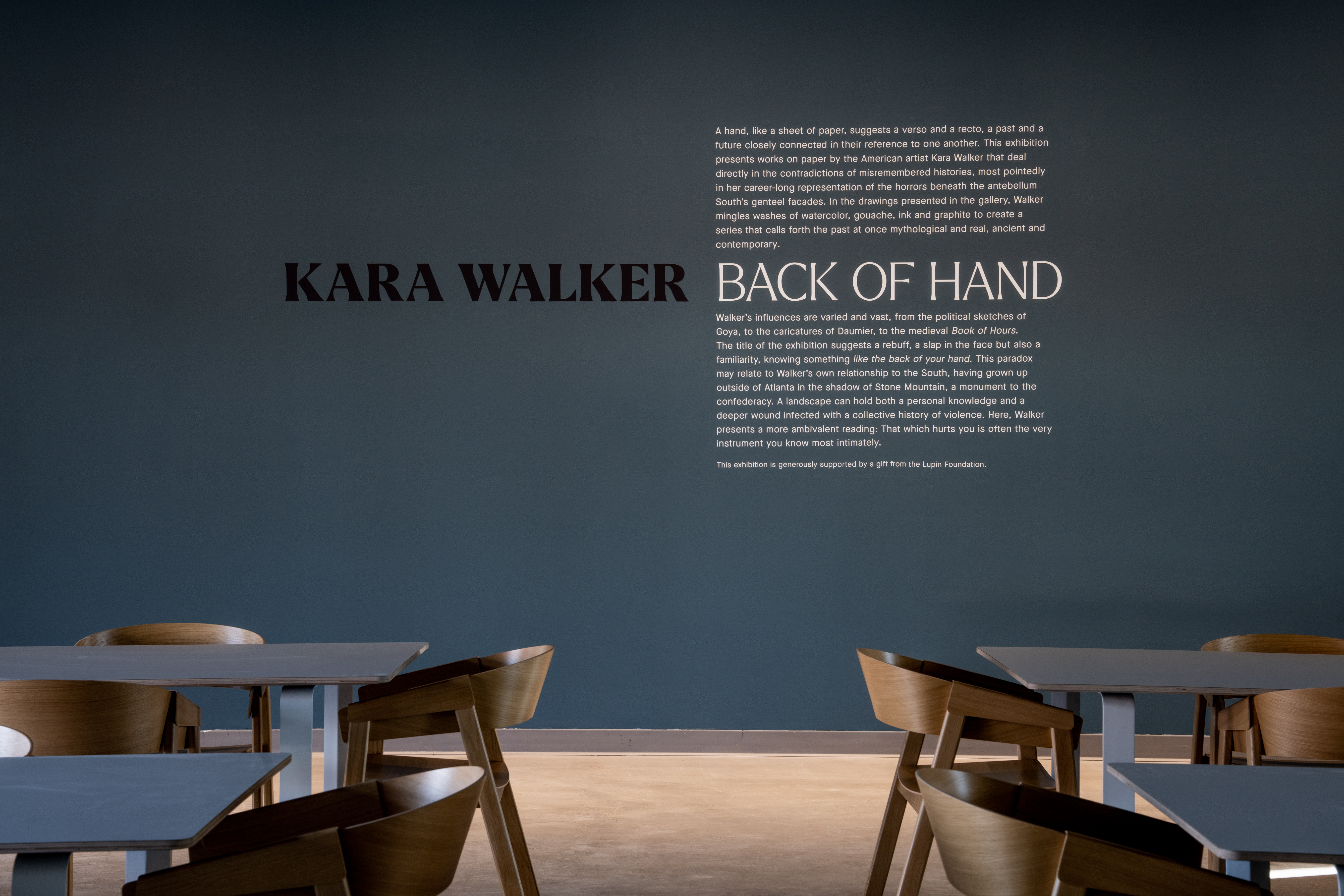 View of Kara Walker: Back of Hand Wall Text. Photo courtesy of Jason Thrasher.