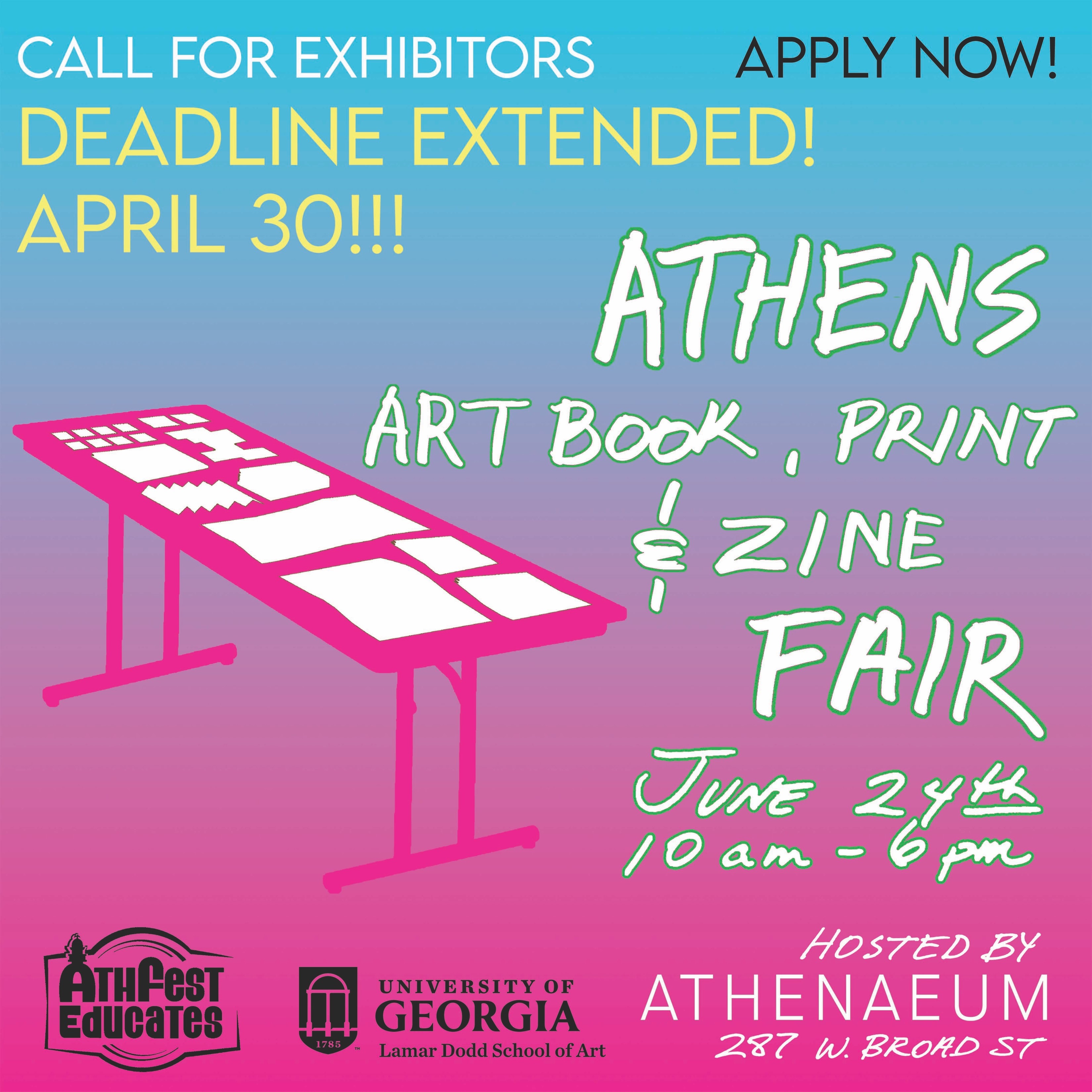 Flyer. Call for Exhibitors, 2023 Athens Art Book, Print, and Zine Fair. Graphic by Jon Swindler.