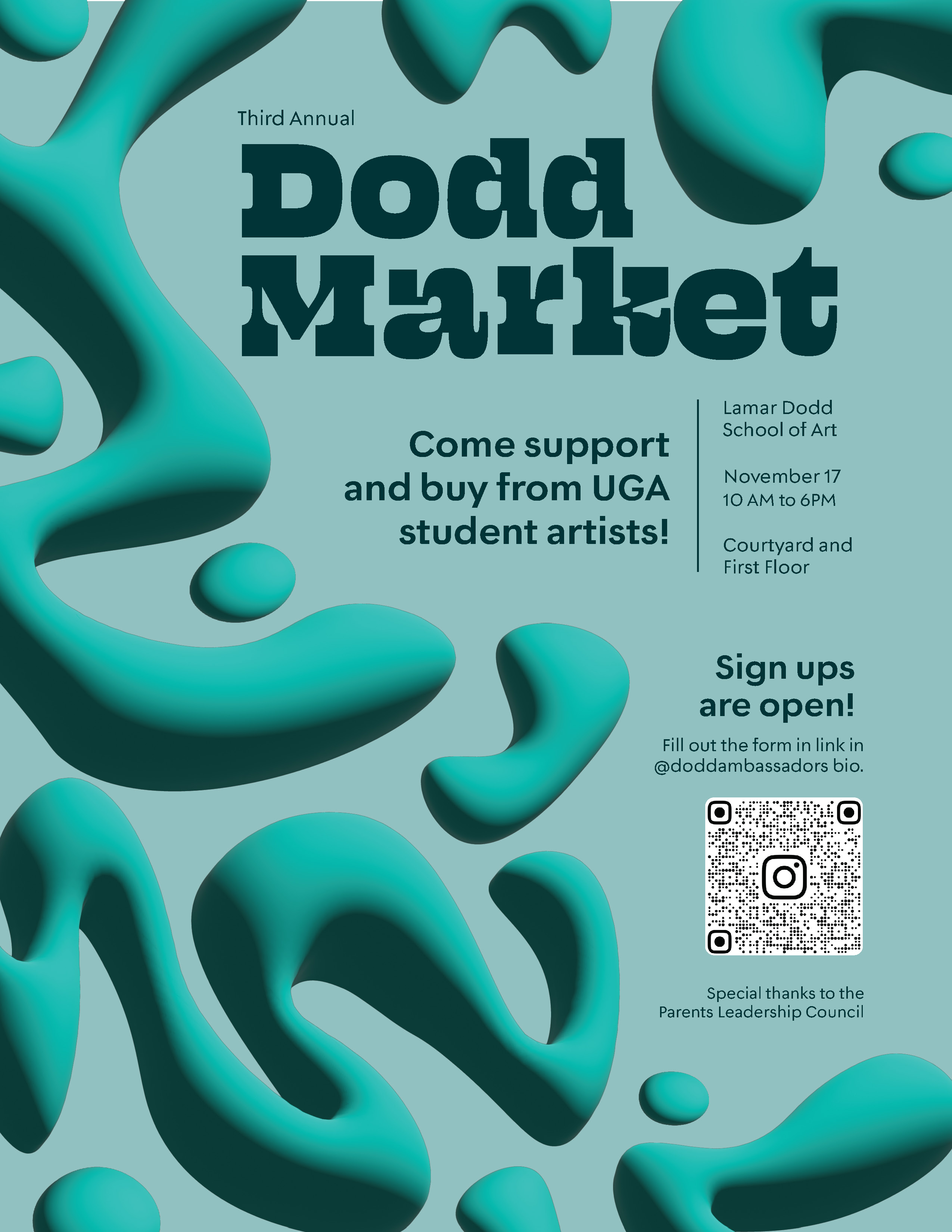 Dodd Market Poster. Text on teal background with abstract design.