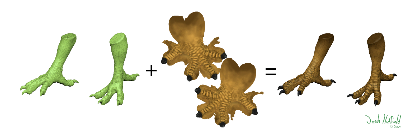 Fig 4: An example of the low-resolution model of the Dodo’s legs without the texture map (left), the texture map (middle), and the texture map applied to the legs (right).