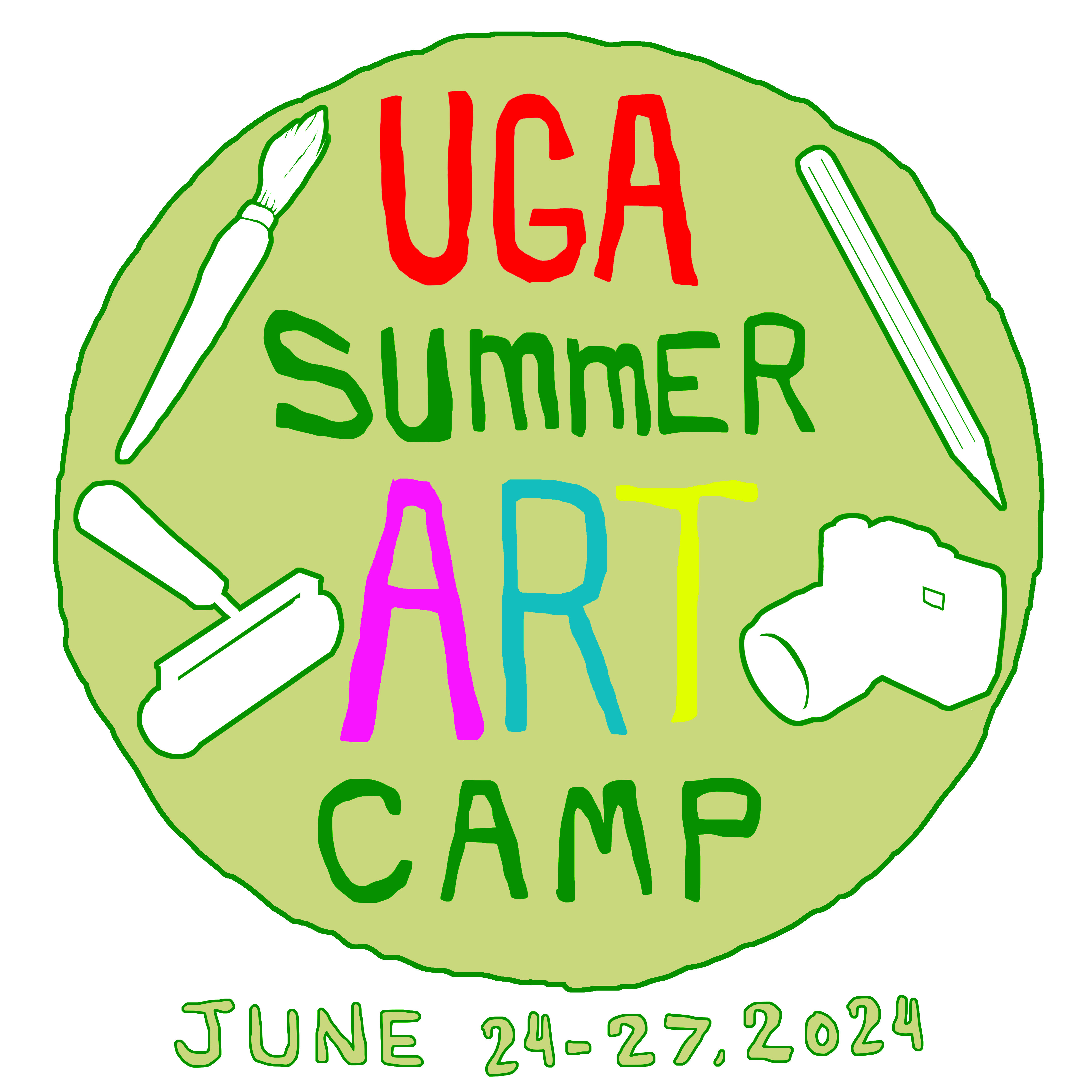 Summer Art Camp flyer. Forest green circle with colorful text and graphics of a camera, paintbrush, pencil, and print roller.