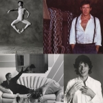 4 different images. Top left: a dancer jumping in a leotard with ballet slippers. Top Right: Person in unbuttoned white shirt with black suspenders. Bottom Left: Person lying on a couch with a coffee table in front. Bottom Right: Person with curly hair in a button down, photo in black and white.