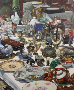 "Menagerie" by Margaret Morrison. Oil on Canvas, 72 x 60 inches. Still life painting of assorted plates and domestic objects