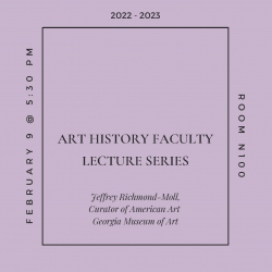 Banner advertising the Art History Faculty Lecture Series: Jeffrey Richmond-Moll. Minimal design with central text outlined in square over lilac backdrop.