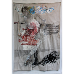 Jeanne Ciravolo Becoming/ Unbecoming, 2019. Mixed media collage, with block print of sheela na gig, on drop cloth, 68 x 47 in. $4,000