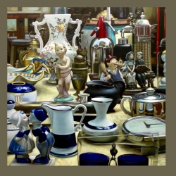 Still life painting by Margaret Morrison of household objects set against a dark tan backdrop