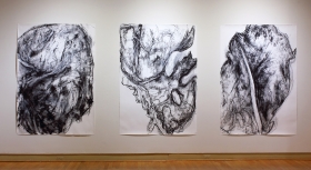Installation view of Charcoal Lung #1, #2, #3, one-person museum exhibition, Raw Reckoning, Ukrainian Institute of Modern Art, 2019, Chicago, IL