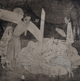 A Grim Inoculation, Copper Etching with Chine Colle, 6" x 6"