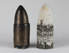“Bullet Points: World War II” 2021 10" x 3." x 10" Underglaze and glaze on stoneware