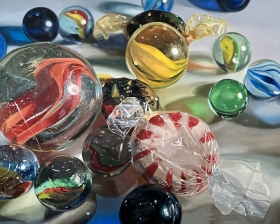 Marbles & Candy, 2020, oil on panel, 48x60 inches