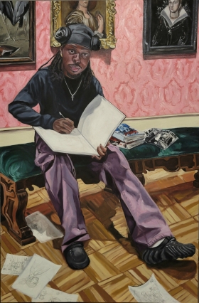 Drawing in the Gallery (CJ), 2024, Oil on canvas, 48"x72"