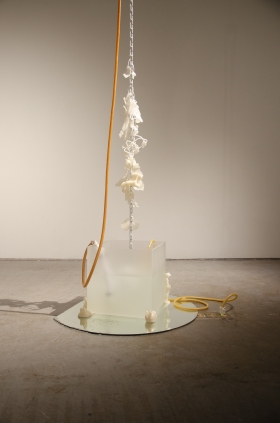 Garland, 2019, chain, latex tubing, fountain pump, slime, 3D-printed plastic, plexiglas, mirror, 10' x 4' x 3'
