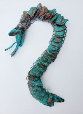 Larissa McPherson, “Trimeresurus insularis” Sunda Island Pit Viper (2023) 17x1.5x1.5 inches Patinaed copper, aluminum rings, snake vertebrae, garnet beads, steel wire