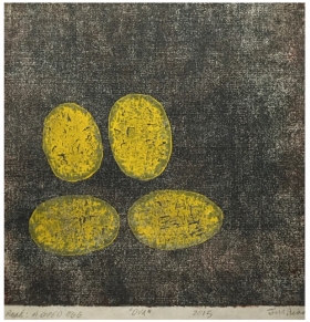 Eggs for René, 2015, Wood Block Print on Thai Mulberry Paper, 9"x9"