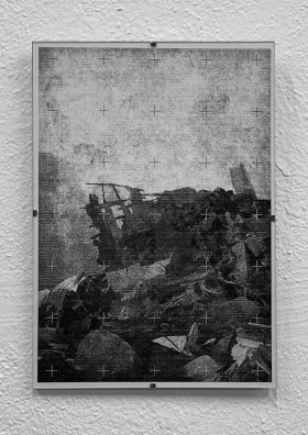 crash site; 2023; laser print on paper, glass, back board, metal clips; 21 x 29,7 x 1 cm