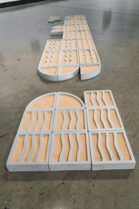 Play, brise-soleil, 2022, cast concrete, sand, dimensions variable