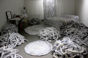 Soude Dadras, Material Intelligence, May 2021, Gallery 130, shredded documents and tule fabric, site-specific installation