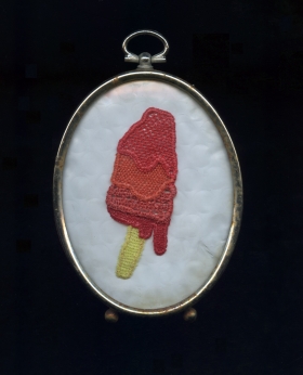 Summer Hits Brooklyn, 2023, needlelace made from repurposed produce mesh bag, 4" x 2.5"