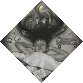 J. Adam Davis, The Dreamer, charcoal, chalk and gold leaf on panel-mounted gray paper, 34" x 34"