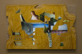 "Erosion by the Lakes of Memory and Erie" 2019, Assemblage of carved woodblock, laser cut acrylic, and disposable camera photographs, 15" by 25" 