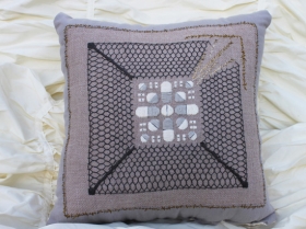 Caitlin Adair Daglis, pill.ow. 2, 2016, handmade pillow with embroidered reverse appliqué, 16" x 16" x 6"