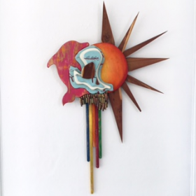 Taylor Shaw, Sol Invictus, 2017, wood, spray paint, fabric, bullet casings, 2' x 3.5'
