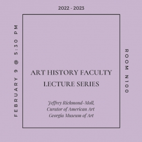 Banner advertising the Art History Faculty Lecture Series: Jeffrey Richmond-Moll. Minimal design with central text outlined in square over lilac backdrop.
