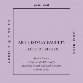 Banner advertising the Art History Faculty Lecture Series | Janice Simon. Minimal design with central text outlined in square over lilac backdrop.