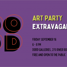 Dodd Art Party Extravaganza Banner. Purple background with lime green and white title and black subtitle.