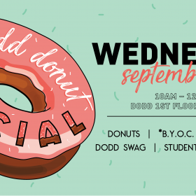 Dodd Donut Social Flyer. Pink donut graphic on sea foam green backdrop.