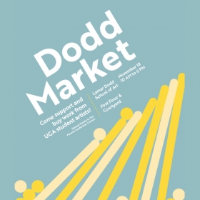 Graphic for the Dodd Market. Blue background with white text. Yellow abstract graphic at bottom