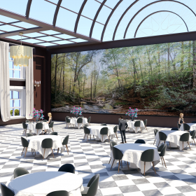 Rendering of hotel ballroom by student in the exhibition Reimagined: Creating Community