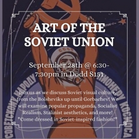 Promotional graphic with stylized illustration of person in red holding a hammer and sickle behind white text, "ART OF THE SOVIET UNION"