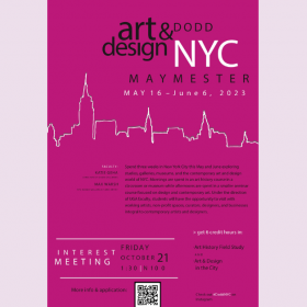 Flyer for event with pink background and white outline of NYC skyline.
